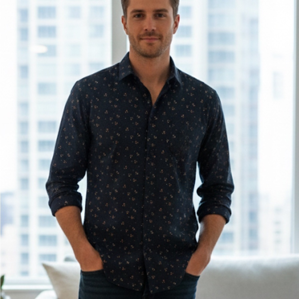 Zara Men's Navy Blue Floral Shirt Slim Fit